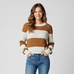 American Eagle Women's Striped Mustard Yellow Cream Sweater Size Small